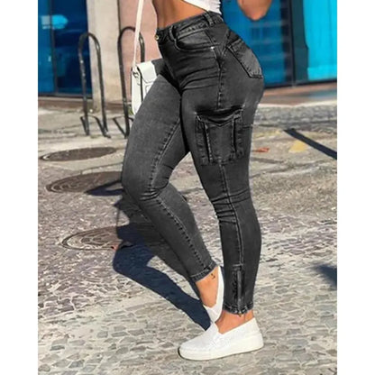 Women's Skinny Jeans 2025 Summer New Fashion Solid Color Buttoned Pocket Zipper Design High Waist Casual Daily