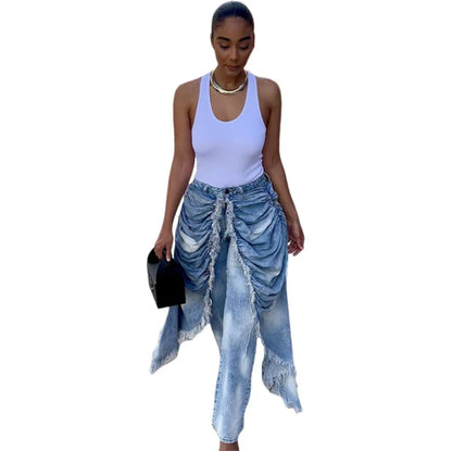 WTHT New Trendy Women Wrinkled Burr Edge Design Straight Jeans 2025 Winter Fashion High Waist Casual Denim Pants Female 1LS2770
