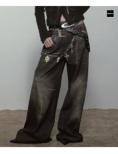 High Quality Hot Selling Wholesale 2025 New Virtual Digital Printed Retro Fashionable Personalized Wide Leg Jeans Pants Women