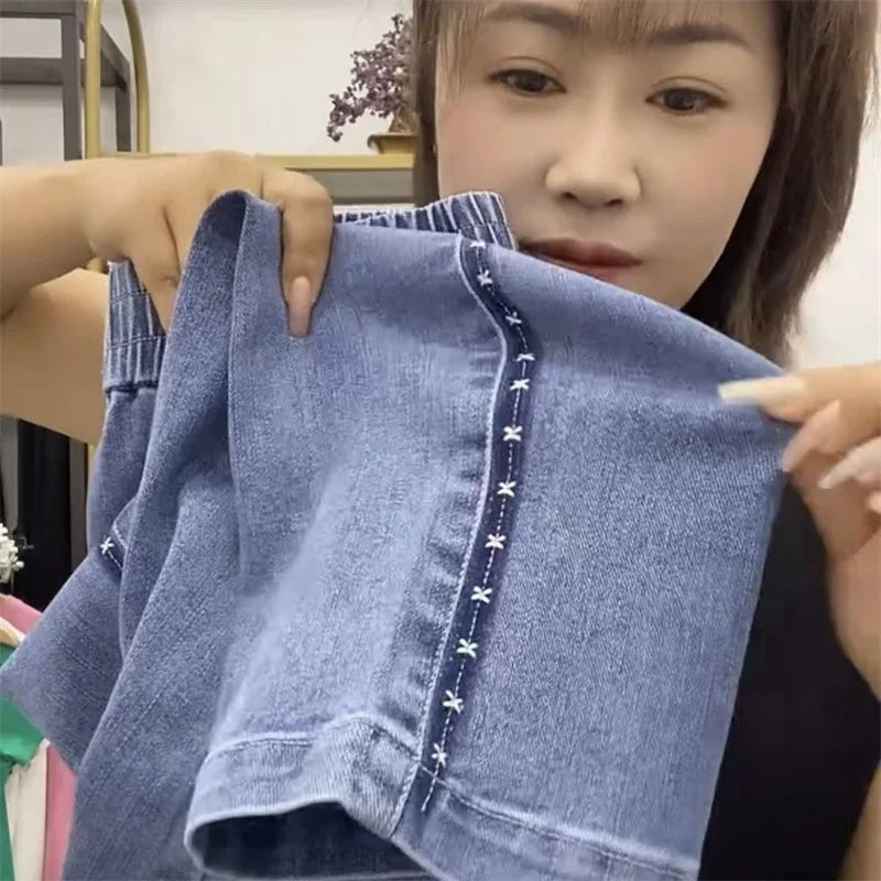 Fashion Women Jeans 2025 New Spring Autumn Korean Wild Elastic Waist Straight Denim Pants Female Trousers Female