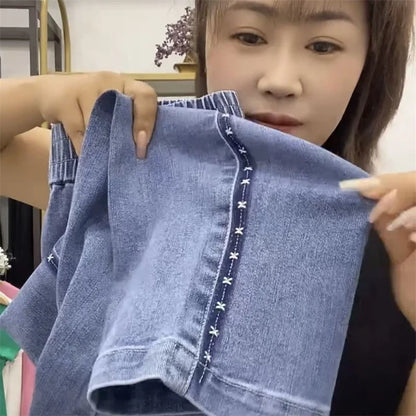 Fashion Women Jeans 2025 New Spring Autumn Korean Wild Elastic Waist Straight Denim Pants Female Trousers Female