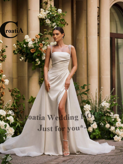 Croatia Charming Satin Wedding Dresses with Slit for Women Beadings A-Line Goddess Bride Vestidos De Novia Plus Customized
