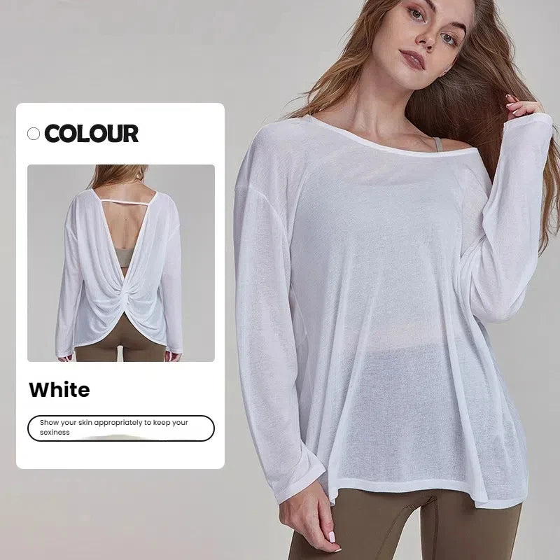 Women's Tops New Autumn Yoga Cover-up Loose Back Beauty Leisure Sports Fitness Top Light Breathable Long Sleeves Tee