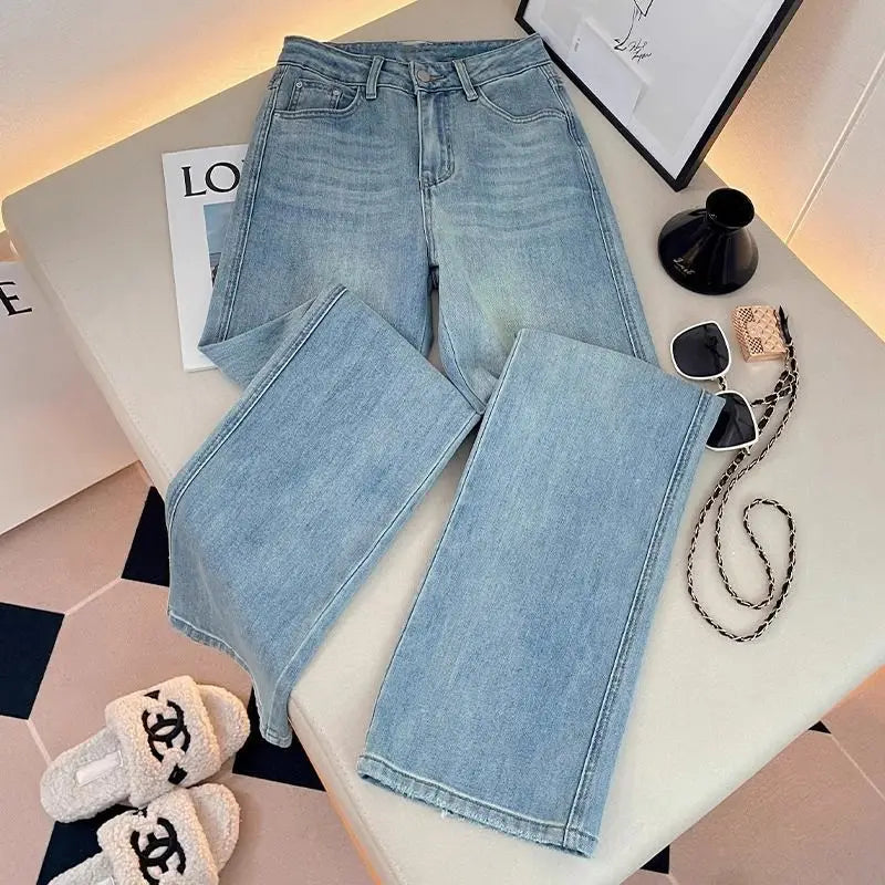 Letter Embroidered Straight-leg Jeans Women's Spring New High-waisted and Thin Loose Light Blue Straight-leg Pants