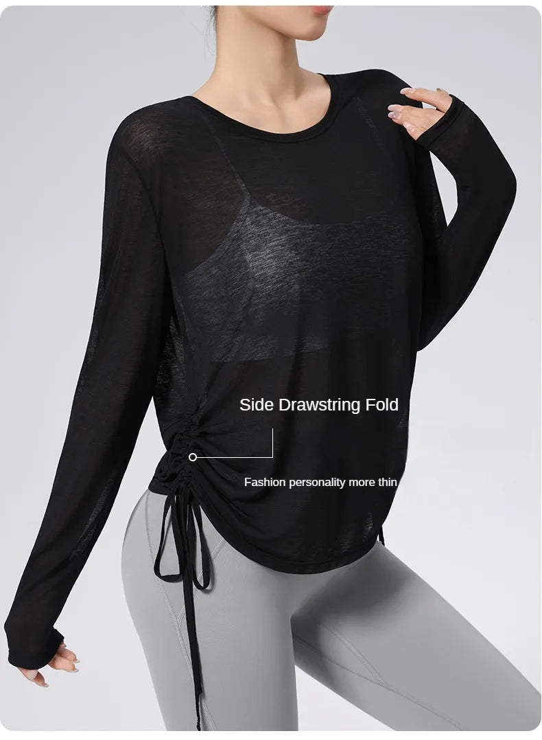 Thin Sunscreen Clothes Yoga Loose Top Drawstring Long Sleeve T-shirt Women's Gym Outdoor Exercise Clothing