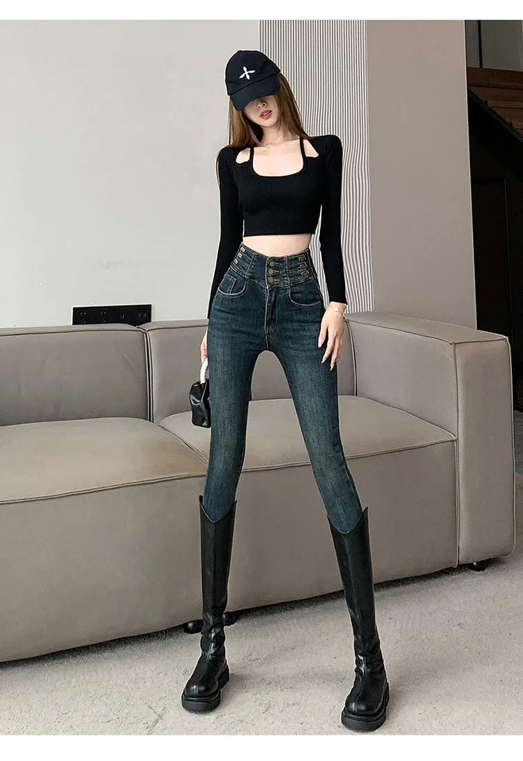 winter warm thick fleece woman's jeans with high waist jeans woman mom jeans women's jeans for women jean femme clothe black