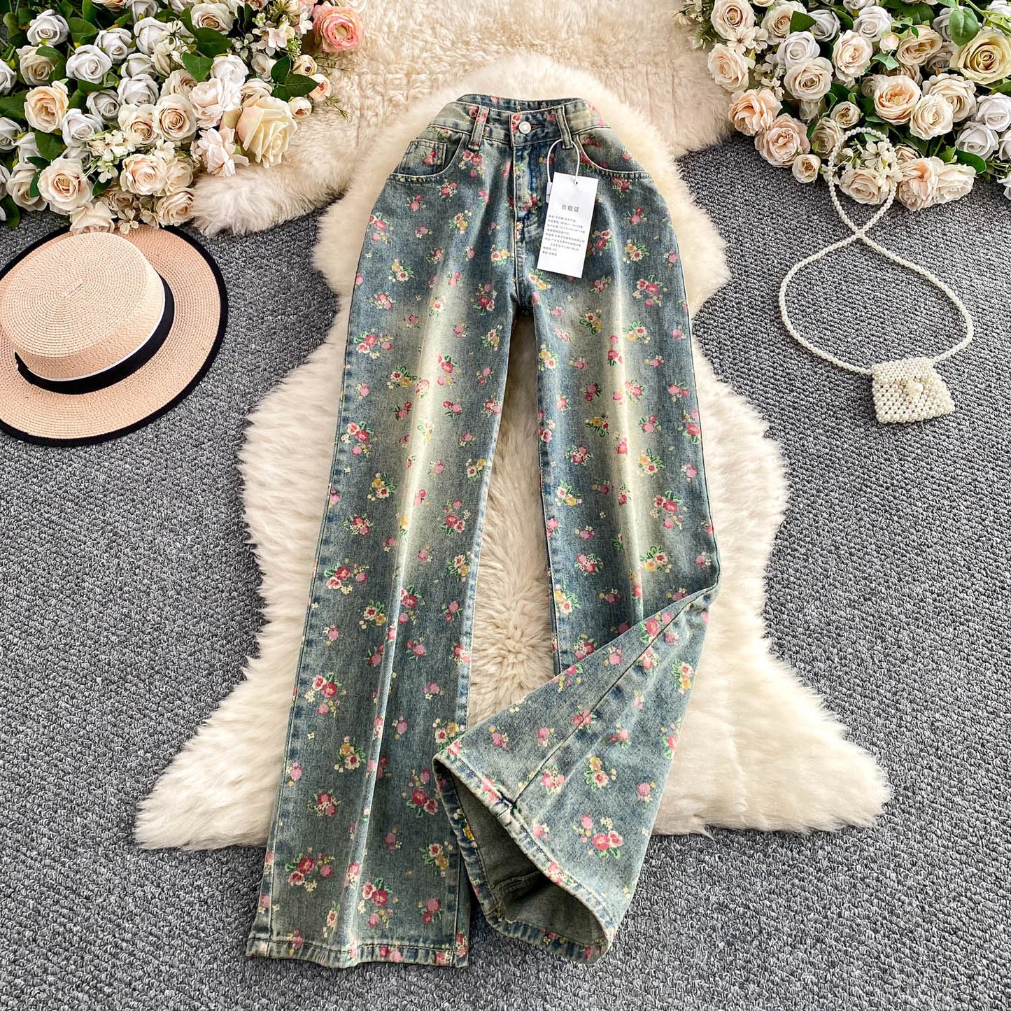 Women's Fashion Floral Print Denim Pants Colorful Flower Wide Leg Trousers Female Spring Autumn Versatile High Waist Blue Jeans