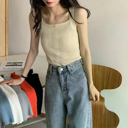 2025 Spring Women Crop Tops Strapy Casual Camis Sleeveless Tank Tops Cute Casual Tops Plain Camis Square Tops for Women Korean