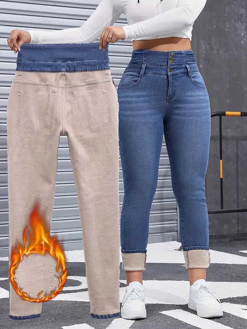 Women's High Elasticity Fleece Lined Thick Denim Jeans, Fall & Winter Fashion, Comfortable Slimming Jeans, Elegant Style