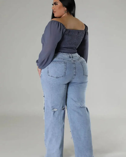 Women Streetwear Cargo Straight Denim Pocket Patchwork Wide Leg Jeans Pants Fall Fashion Ripped Out Party Trousers