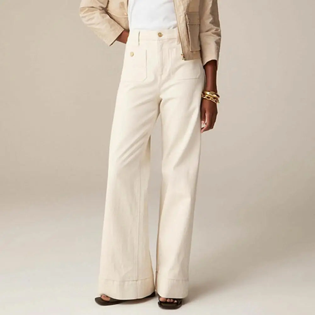 2025 Women Winter Jeans High Waist Button Zipper Loose Fit Pockets Straight Wide Leg Streetwear Pants Daily Wear Long Trousers