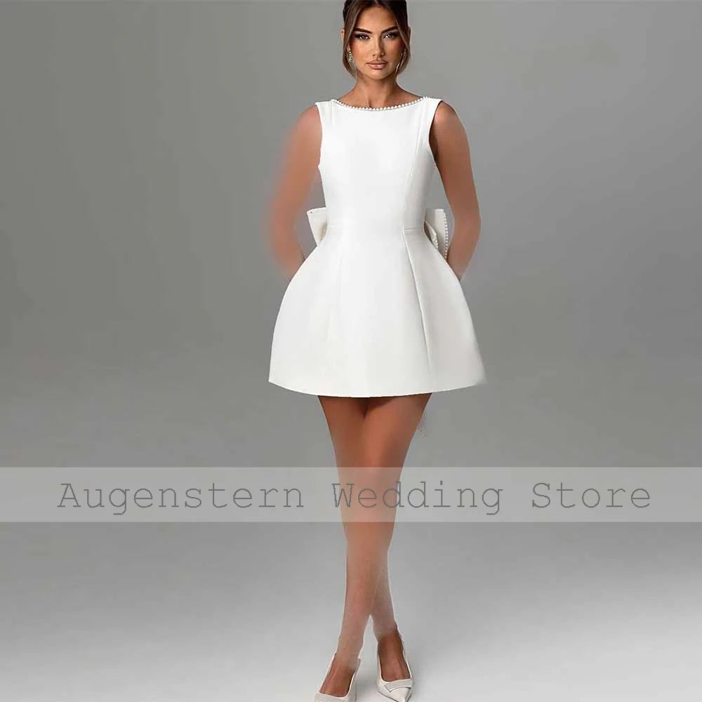 Customized Mini Civil Wedding Dresses Satin A-Line Wedding Party Gowns White O-Neck Pearls Bow Backless Short Bridal Dress 2026
