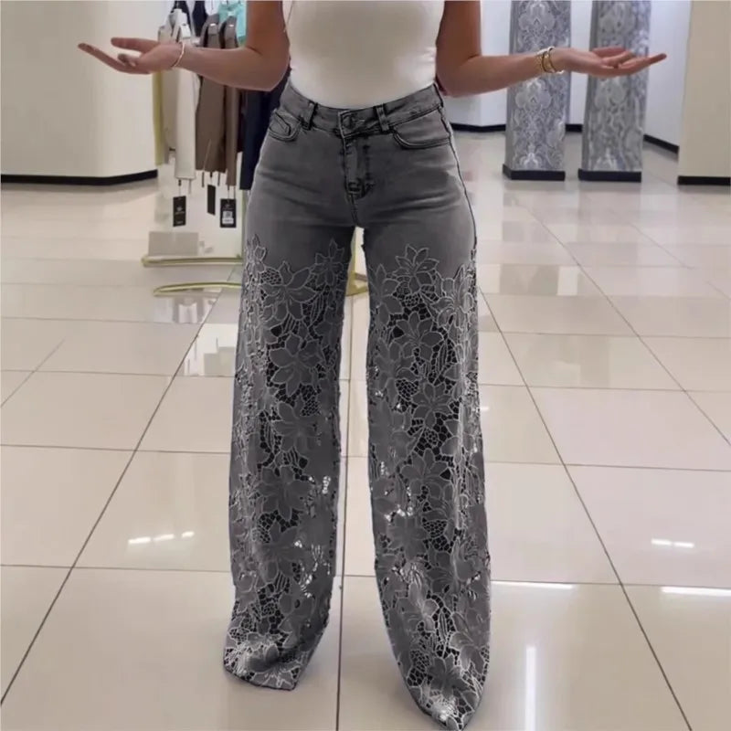 Fashion Elegant Jeans for Women High Waist Lace Patchwork Pantalones Hollow Out Oversized Spring Casual Loose All Match Pants