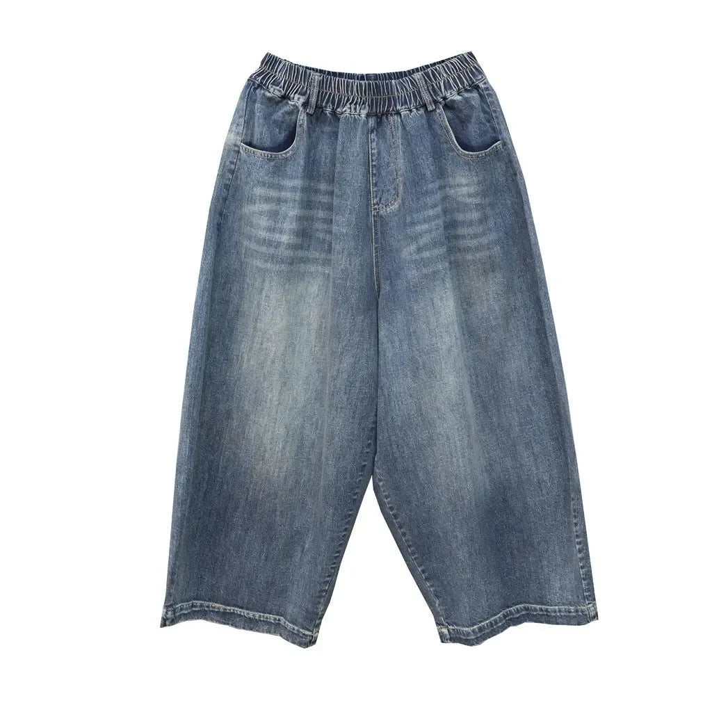 Women's Elastic Waist Jeans Drawstring Big Pocket Wide Leg Solid Color Simple Basic Harem Trouser Female Autumn Denim Pants