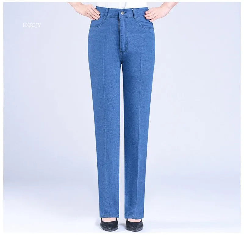 Middle-aged Women's Jeans Spring Autumn High Waist Solid Color Denim Pants Large Size Loose Female Straight Casual Cowboy Pants