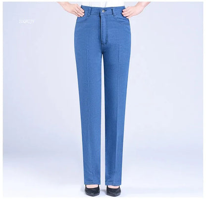 Middle-aged Women's Jeans Spring Autumn High Waist Solid Color Denim Pants Large Size Loose Female Straight Casual Cowboy Pants