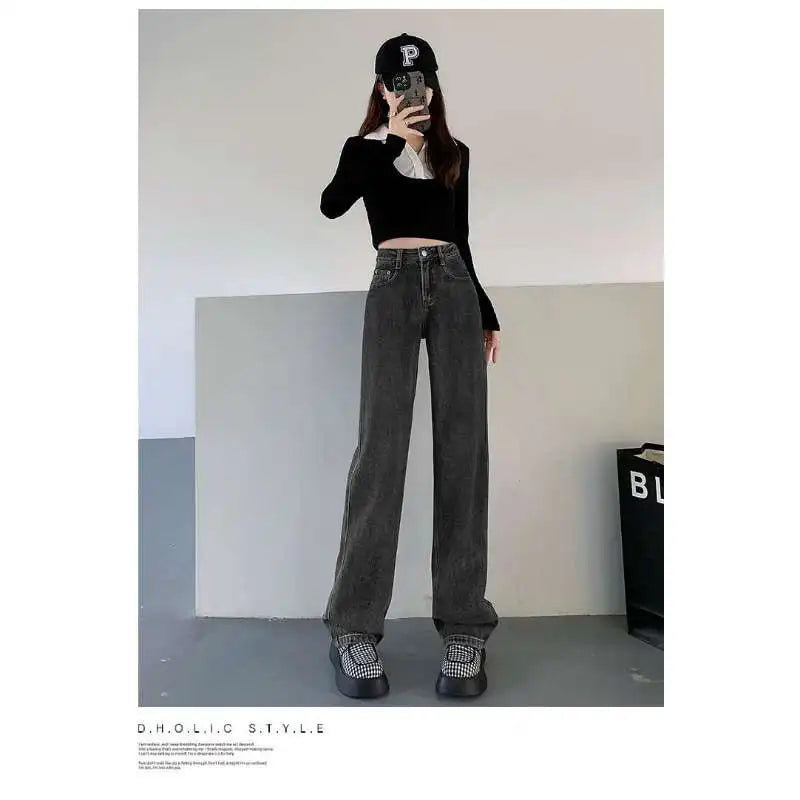 Woman Vintage Wide Leg Jeans Girls High Waist Pants Female Fashion Black Black Grey Retro Blue Light Blue Pink Denim Trousers