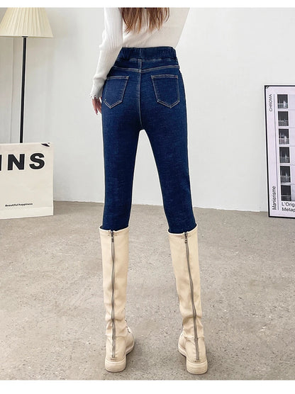 Women's Winter Jeans Fleece Warm Slim Pencil Trousers Elastic Waist Thicken Velvet Comfortable Mom Denim Pants Female