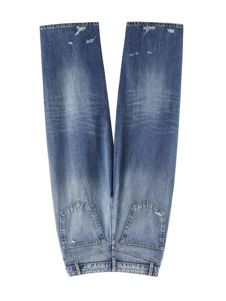 HH Women's 2025 New Fashion Retro Versatile Mid-Waist Turn-Down Jeans Female High Street Casual Ripped Decorative Wide Leg Pants