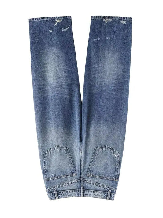 HH Women's 2025 New Fashion Retro Versatile Mid-Waist Turn-Down Jeans Female High Street Casual Ripped Decorative Wide Leg Pants