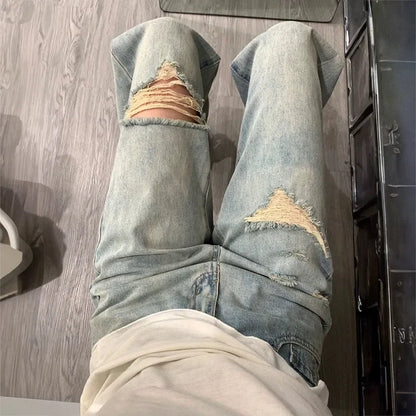 American high street old ripped large size jeans for women in summer design high waist slimming wide-leg trousers