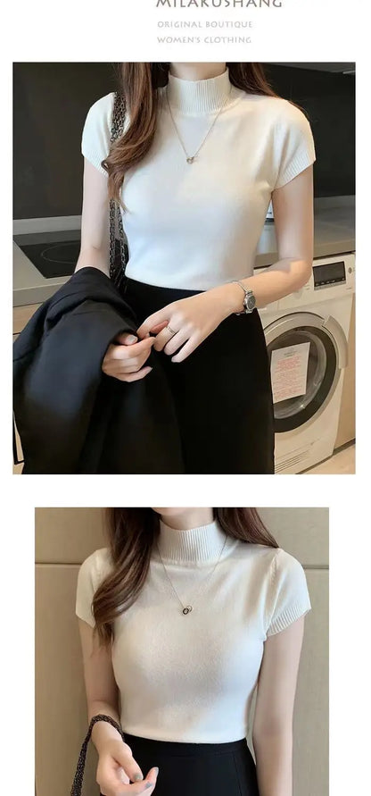 Womens Tops And Blouses Summer Short Sleeve Blouse Women Blusas Mujer De Moda 2023 Turtleneck Knitted Blouse Shirt Tops