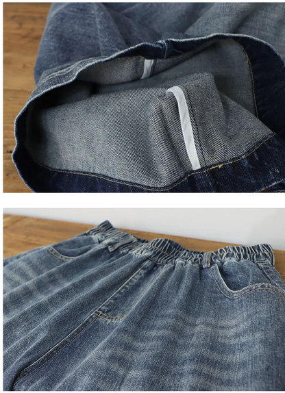 Women's Elastic Waist Jeans Drawstring Big Pocket Wide Leg Solid Color Simple Basic Harem Trouser Female Autumn Denim Pants
