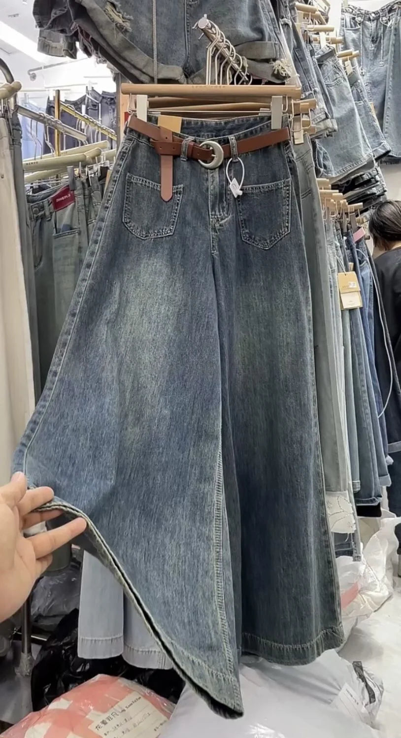 Wide-leg Jeans Women's Summer Thin 2024 New High-waisted Slimming Big Horn Loose Draping Mop Trouser Skirt Tide Women's Clothing