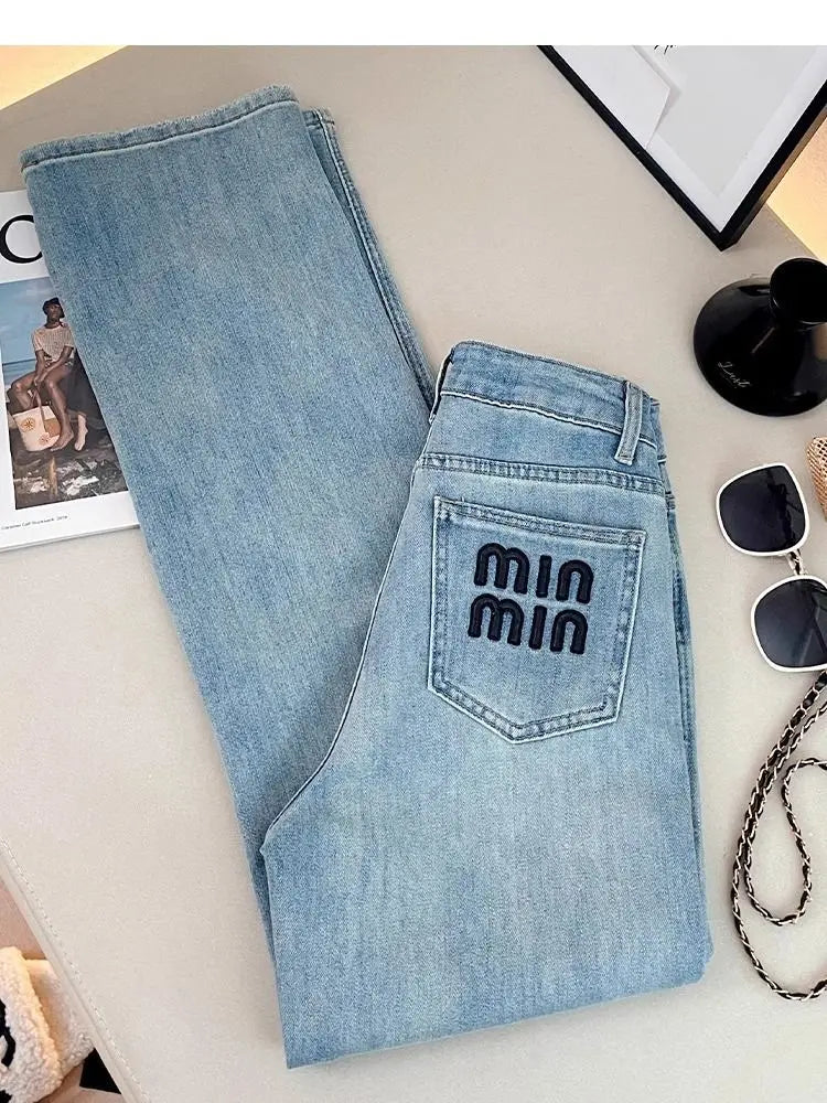 Letter Embroidered Straight-leg Jeans Women's Spring New High-waisted and Thin Loose Light Blue Straight-leg Pants