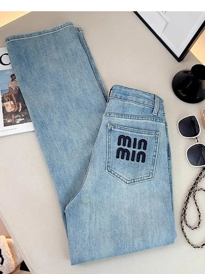 Letter Embroidered Straight-leg Jeans Women's Spring New High-waisted and Thin Loose Light Blue Straight-leg Pants
