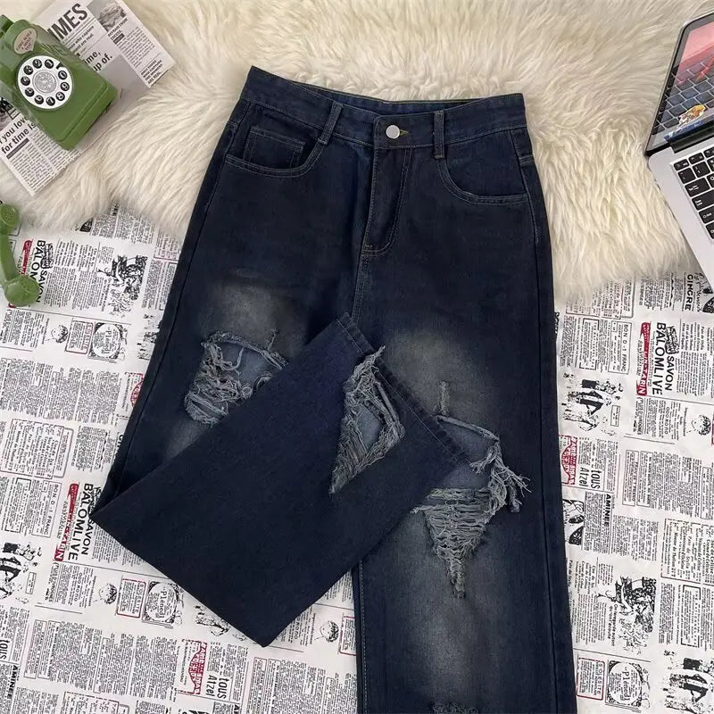 High Street Trendy Ripped Wide Leg Jeans for Women in Spring and Summer New High Waist Loose Fashion Floor Pants y2k Jeans Woman