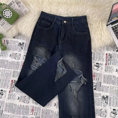 High Street Trendy Ripped Wide Leg Jeans for Women in Spring and Summer New High Waist Loose Fashion Floor Pants y2k Jeans Woman