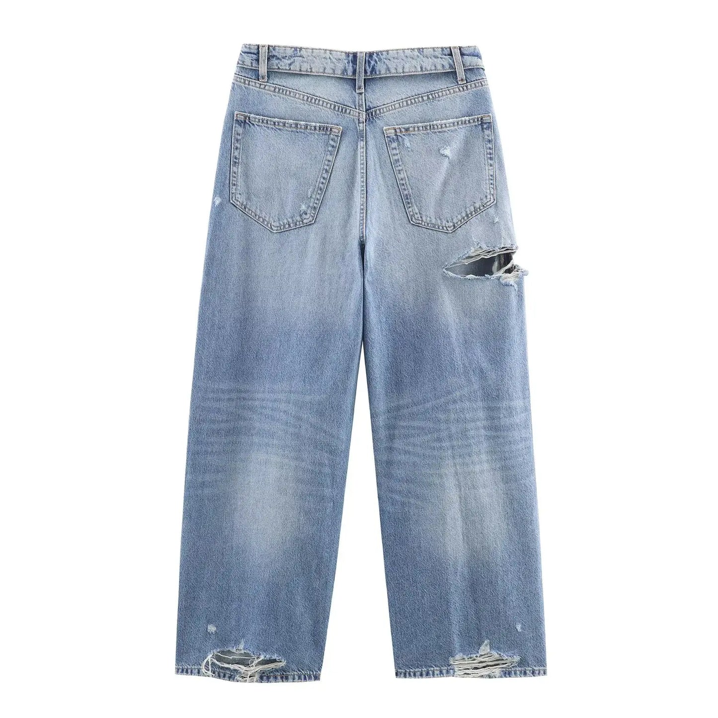 HH Women's 2025 New Fashion Retro Versatile Mid-Waist Turn-Down Jeans Female High Street Casual Ripped Decorative Wide Leg Pants