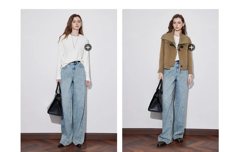 TOYOUTH Women Denim Jeans 2024 Autumn Winter New Mide Waist Straight Wide Leg Long Pants