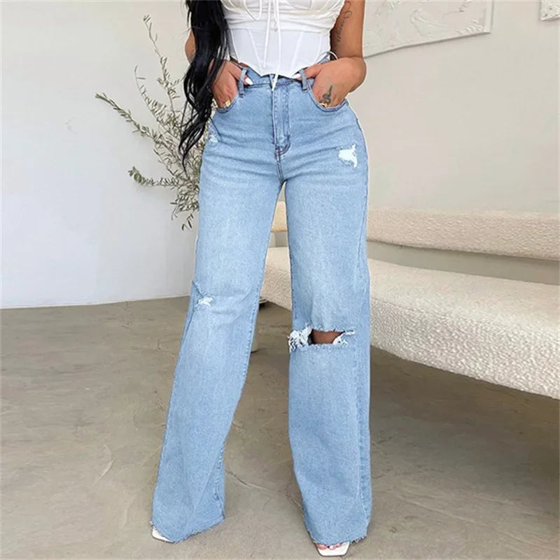 Women Knee Broken Holes Trend Straight Jeans Fashion Comfortable Casual High Waist Denim Pants Female Loose Wide Leg Trousers 24