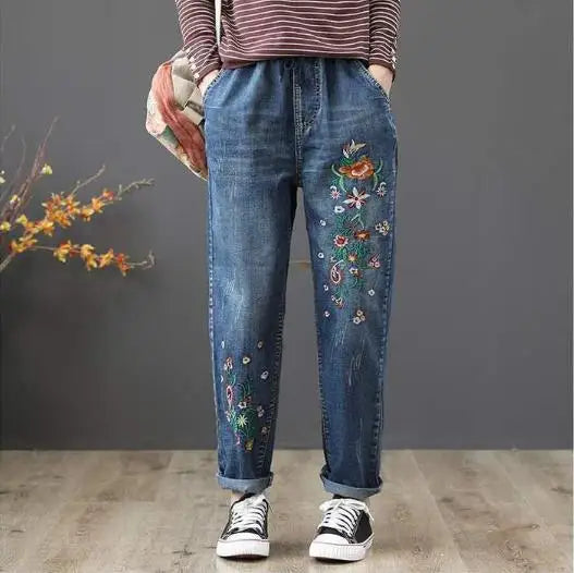 Brand Embroidery Jeans Womens Light Blue Elastic Waist Denim Pants High Waist Straight Leg Cropped Cut Jeans Spring Female