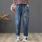 Brand Embroidery Jeans Womens Light Blue Elastic Waist Denim Pants High Waist Straight Leg Cropped Cut Jeans Spring Female