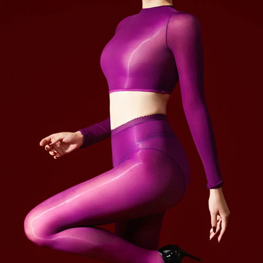 Women's 5D Ultrathin Crop Tops Elastic Shaping Oil Shiny Sheer See Through T-shirts Woman Clothing Summer Shirts Yoga Tops