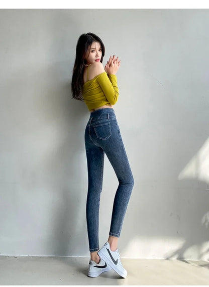 New Women's High Waist Stretch Jeans Blue Black Gray Fashionable and Versatile Multi-button Popular Slim Denim Long Pants Female