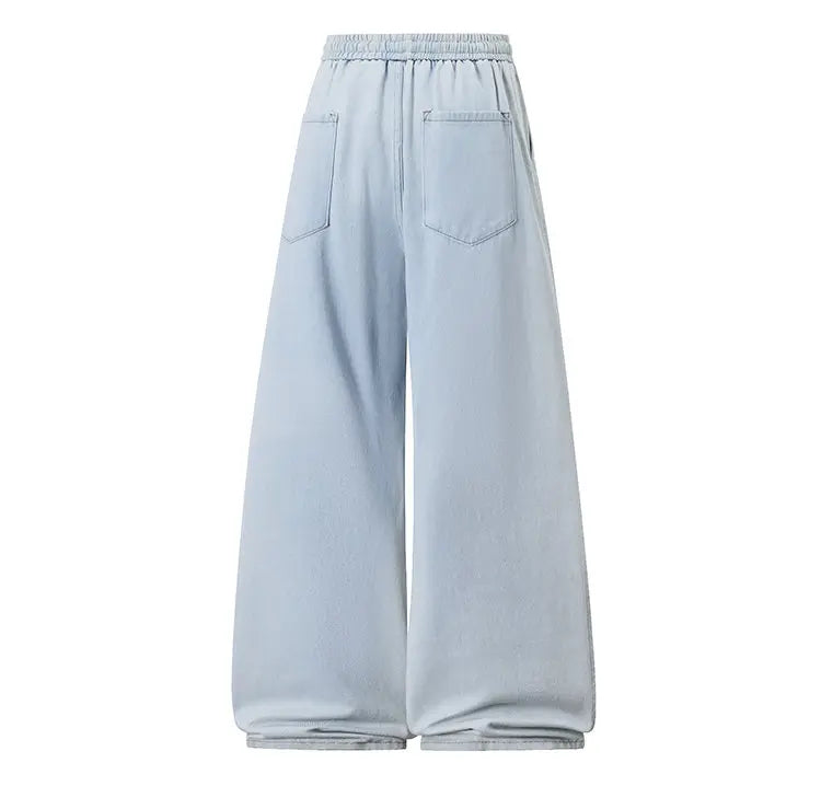 2025 New Elastic Waist Drawstring Solid Color Loose Fit Wide Leg Jeans Wide Leg Trendy High Waist Denim Pants for Men Women 3XL