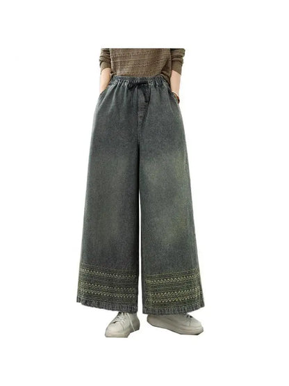 Jeans Women 2025 Autumn New Jeans Retro Heavy Industry Embroidery Ethnic Style Elastic Waist Casual Oversized Wide Leg Pants