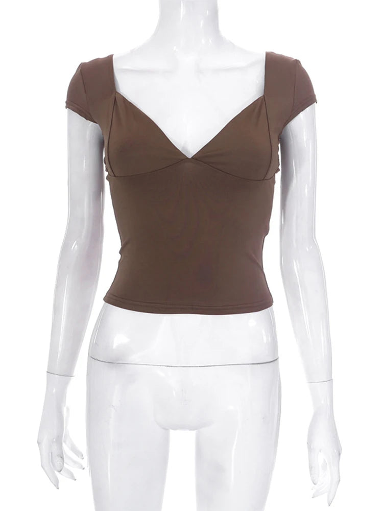 2000s  Tops for Women Fairy Grunge Clothes Sweet Solid Color V Neck Short Sleeve Tanks Aesthetic T Shirt Streetwear