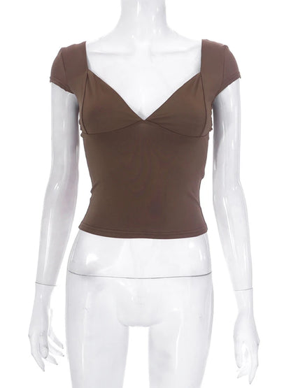 2000s  Tops for Women Fairy Grunge Clothes Sweet Solid Color V Neck Short Sleeve Tanks Aesthetic T Shirt Streetwear