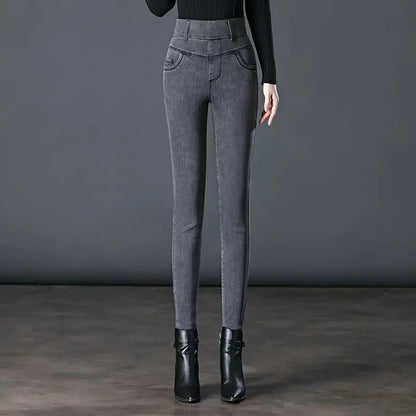 Elastic Waist Jeans Women New Fashion High-waist Stretch Pants Versatile Casual Pencil Solid-color Trousers