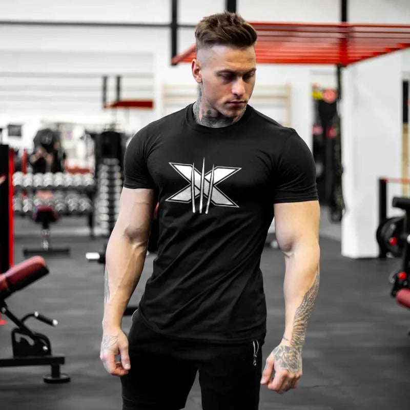 Men's Gym Fitness Clothing Man Cotton Sports Short Sleeve T-shirt Running Training Slim Printed Shirt Sweatshirt Casual Tops