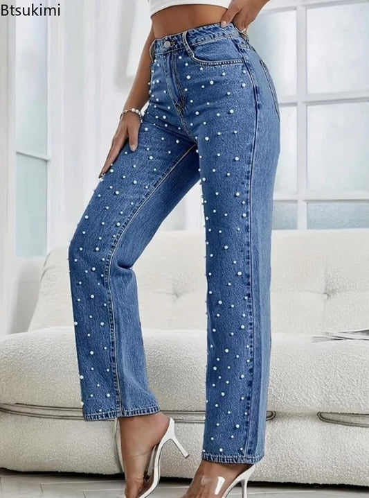 New 2026 Women's Jeans Pants Beading High Waist Casual Straight Pants for Women Streetwear Elegant Splice Denim Female Trousers