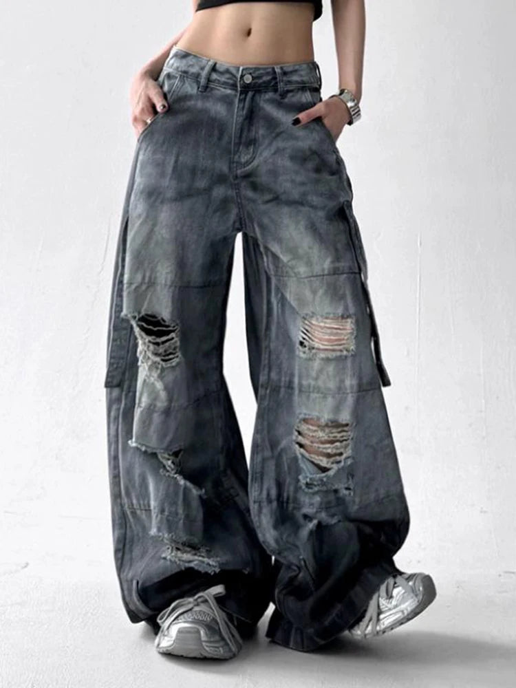 Women Tie Dye Ripped Jeans Woman Abandoned Soil Style Wide Leg Pants Summer Loose Workwear Denim Retro Vintage Trousers