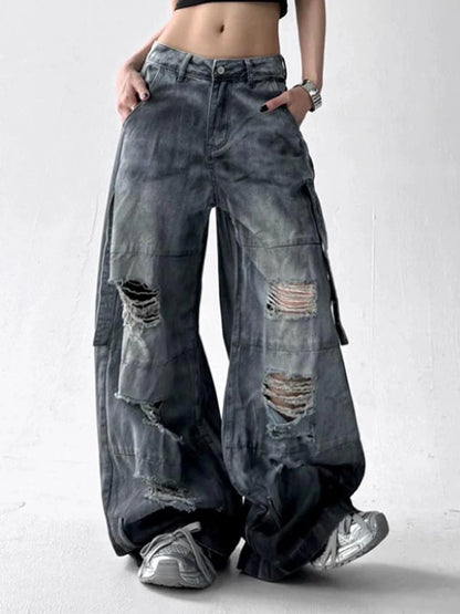 Women Tie Dye Ripped Jeans Woman Abandoned Soil Style Wide Leg Pants Summer Loose Workwear Denim Retro Vintage Trousers