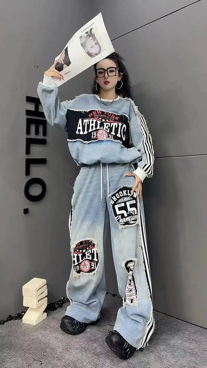 European Style Women's Jeans 2025 Autumn New Heavy-Duty Distressed Frayed Edge Letter Print Drawstring Long Pants Jeans Woman