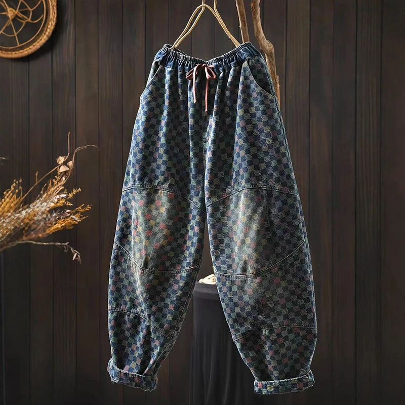 Women Casual Boyfriend Jeans New Arrival 2025 Autumn Vintage Style Plaid Pattern Loose Female Denim Harem Pants M1854